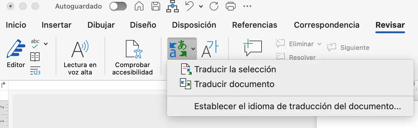 Opción de traductor en Word