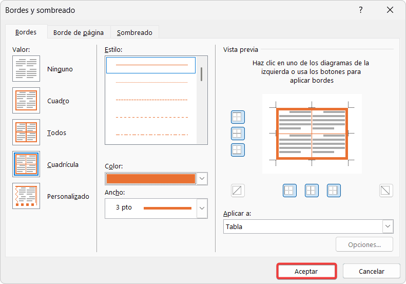 Ventana de opciones de bordes en Word, mostrando opciones de ancho, estilo y color.