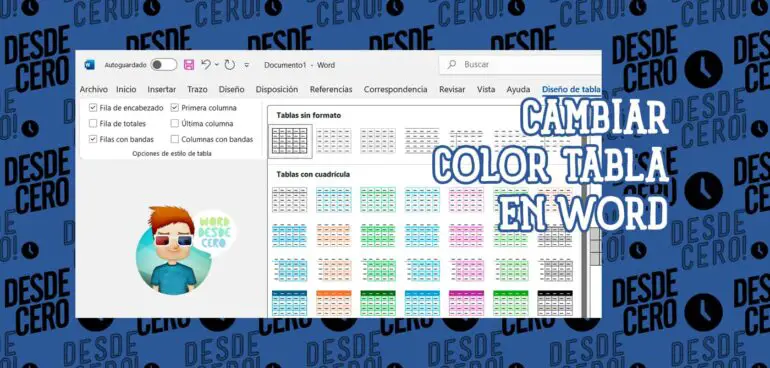 Imagen mostrando diferentes opciones para cambiar el color de una tabla en Microsoft Word.