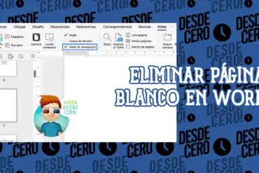 Imagen de Word mostrando el panel de navegación con una página en blanco seleccionada, con texto "ELIMINAR PÁGINA BLANCO EN WORD".