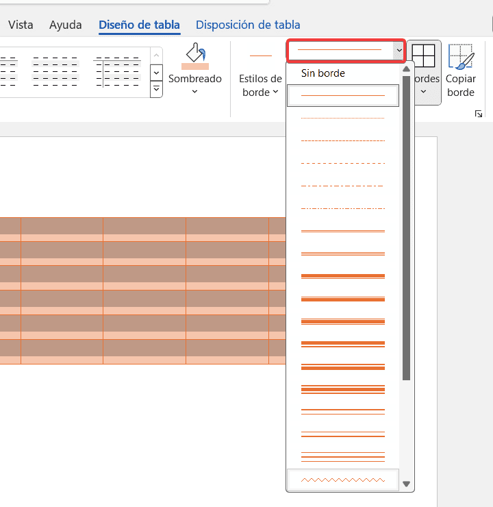 Menú desplegable con diferentes tipos de bordes para tablas en Microsoft Word.