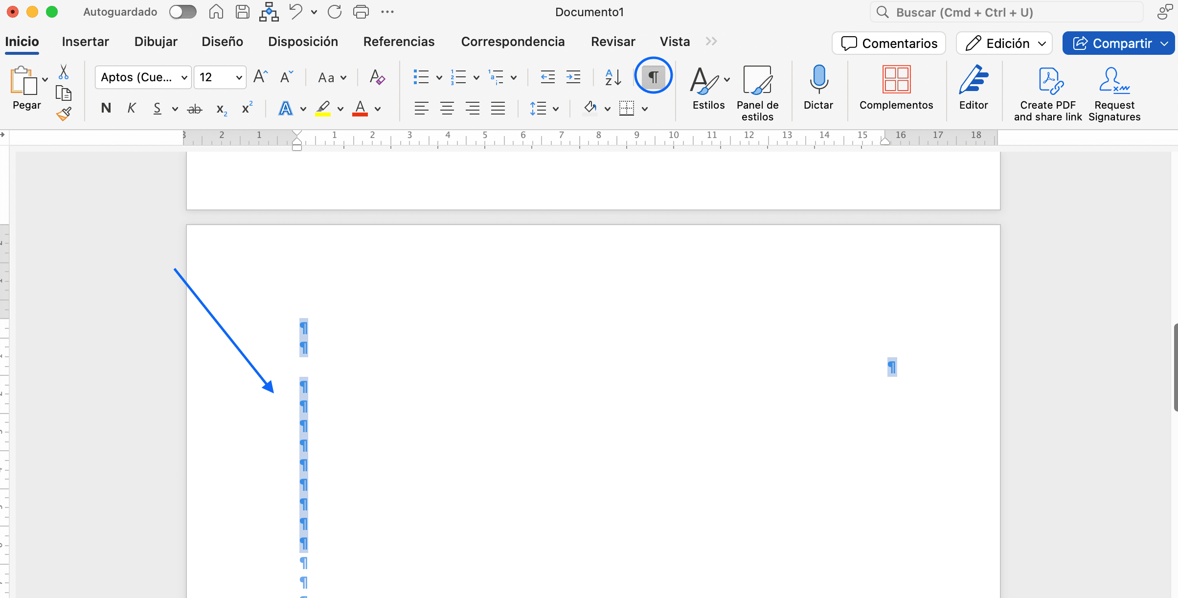 Captura de pantalla de Word mostrando los símbolos de párrafo en una página vacía, usados para eliminarla.