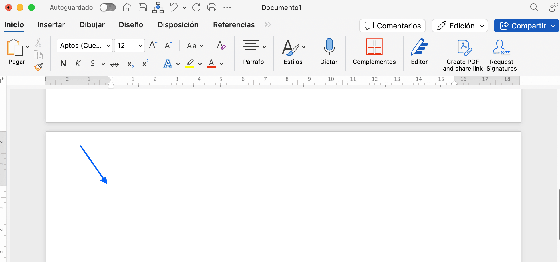 Captura de pantalla de Word mostrando un cursor en una página vacía listo para ser eliminado con la tecla suprimir.