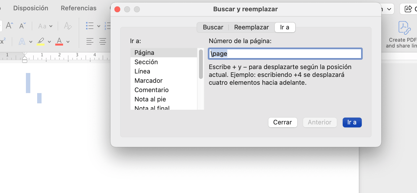 Captura de pantalla de la ventana "Buscar y reemplazar" de Word con la opción "Ir a" seleccionada, mostrando la opción de ir a página.