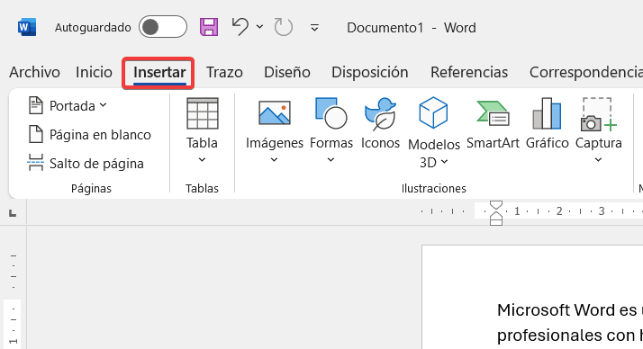 Imagen de la pestaña "Insertar" en Microsoft Word, mostrando las opciones disponibles.