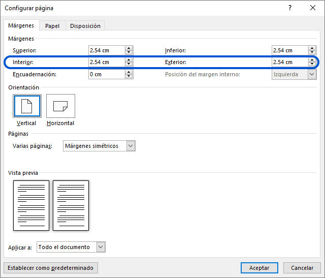 Ajustes de márgenes exterior e interior en Word, configuración clave para diseño de documentos y libros.