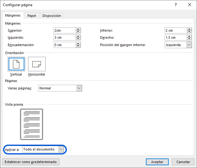 Opción para aplicar márgenes a todo el documento o en adelante, mostrada en la configuración de página de Word.