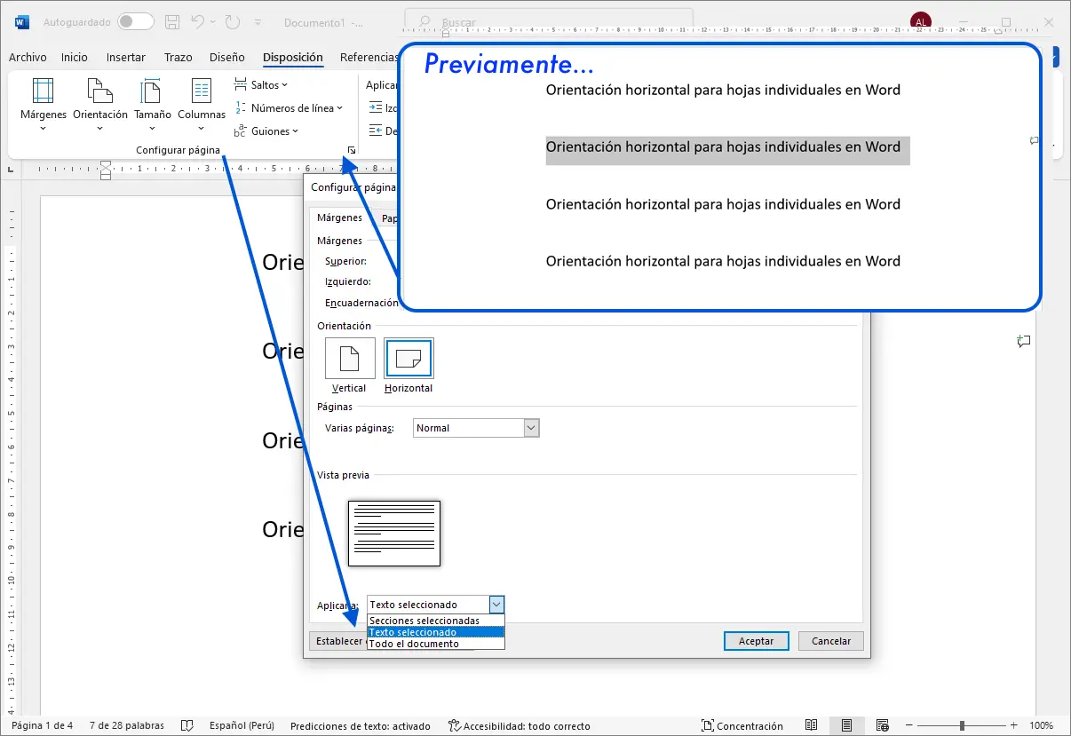 Rotar texto en Word: Cómo cambiar la orientación de un fragmento de texto seleccionado a horizontal.