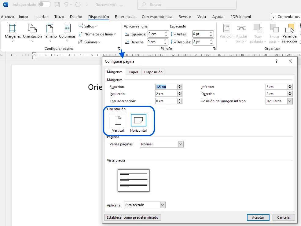 Opciones de orientación de página en Word: vertical u horizontal.