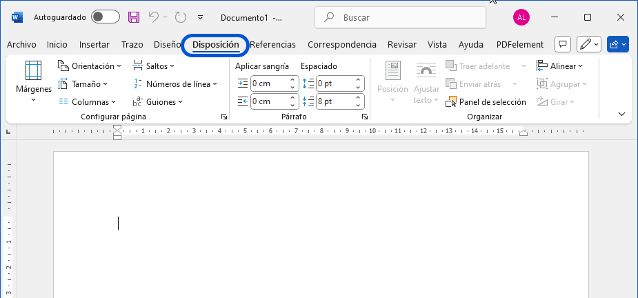 Cinta de opciones de Disposición en Word, mostrando herramientas de configuración de página y párrafo.