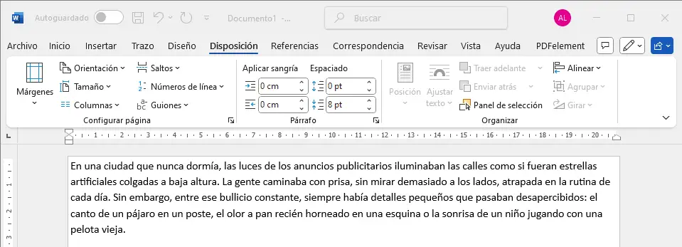 Ejemplo de documento sin márgenes de página en Word, texto se extiende hasta los bordes.