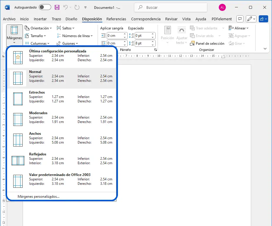 Word muestra opciones predefinidas sobre Cómo poner márgenes en Word a partir de conjuntos predefinidos.