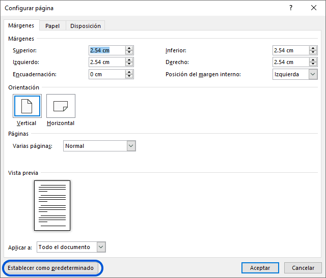 Cuadro de diálogo para establecer márgenes como predeterminado en Word, personalizando la configuración de página.