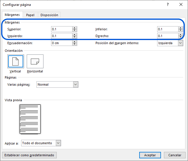 Márgenes establecidos con 0,1 cm en Word, configuración para diseño de página.
