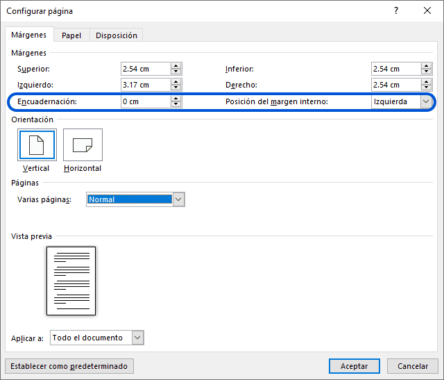 Configuración de Márgenes de Encuadernación y posición interna en Word, esencial para documentos encuadernados.