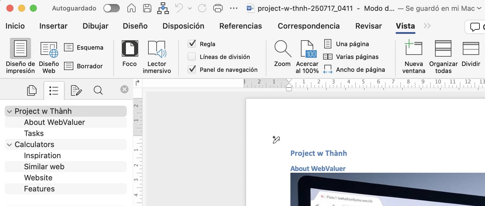 Interfaz de Microsoft Word mostrando las opciones de vista de documento, incluyendo diseño de impresión y diseño web.