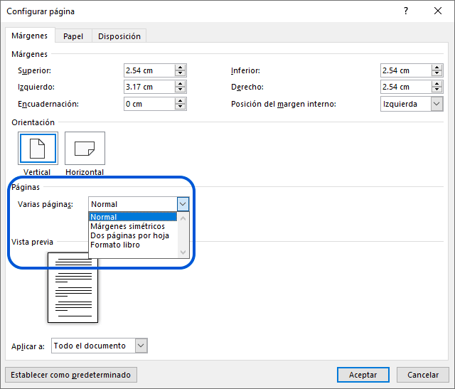 Configuración de la página de márgenes en Word, mostrando opciones para varias páginas como normal, márgenes simétricos y formato libro.
