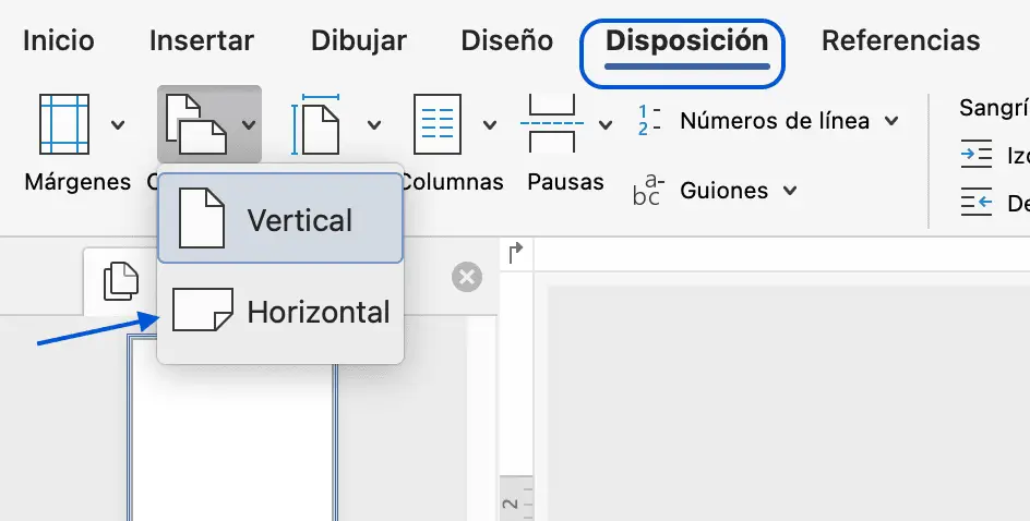 Cómo cambiar la orientación de página en Word de vertical a horizontal. Selecciona "Horizontal" en el menú desplegable "Orientación".