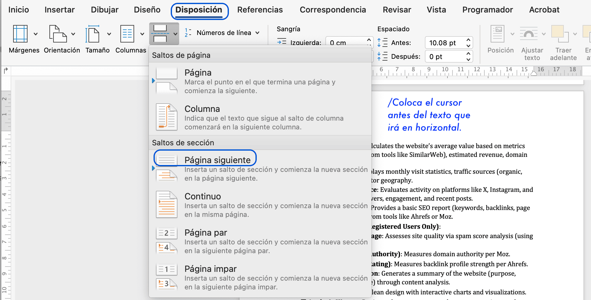 Opciones de salto de página en Word: Página siguiente, Continuo, Página par, Página impar.