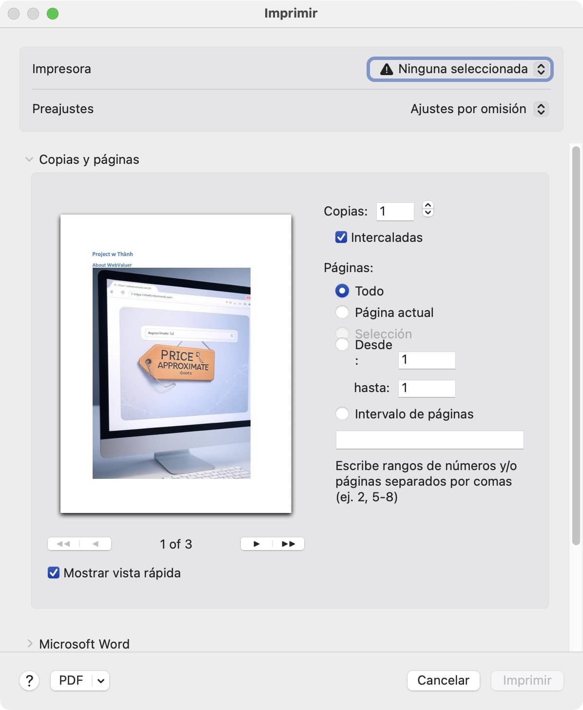 Ventana de "Vista Imprimir" en Word para Mac, mostrando opciones de configuración de impresión y vista previa del documento.