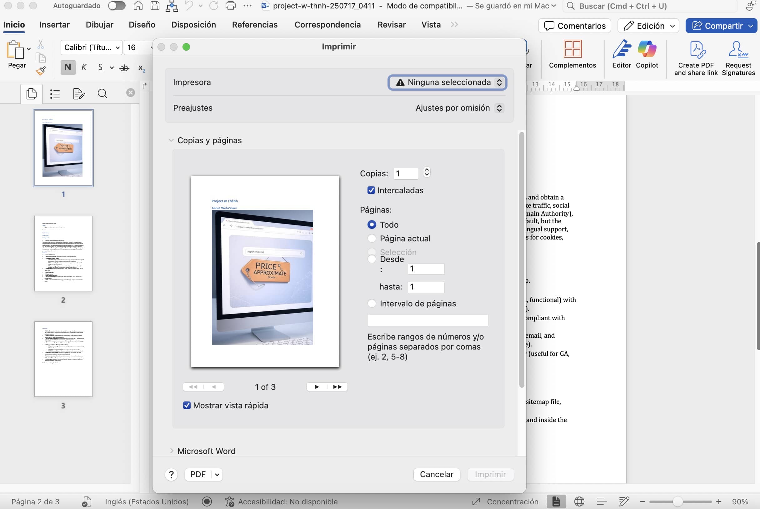 Vista previa en Word de impresión: Configura las opciones de impresión y revisa tu documento antes de imprimir.