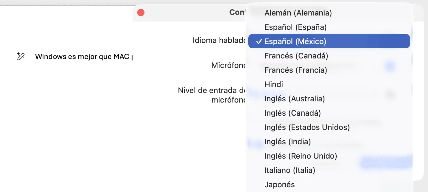  Tutorial de cómo hacer que Word escriba por voz, mostrando el menú para seleccionar el idioma correcto del dictado.