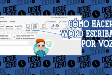 Guía visual que explica cómo hacer que Word escriba por voz, destacando el botón "Dictar" en la interfaz del programa.