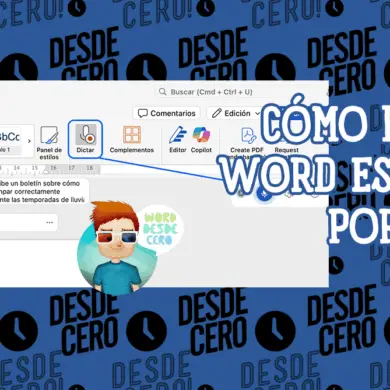 Guía visual que explica cómo hacer que Word escriba por voz, destacando el botón "Dictar" en la interfaz del programa.
