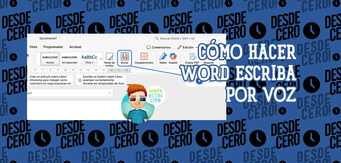 Guía visual que explica cómo hacer que Word escriba por voz, destacando el botón "Dictar" en la interfaz del programa.