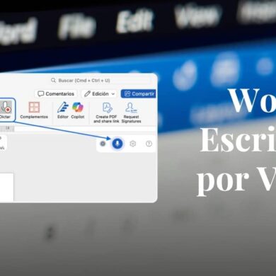 Guía visual que explica cómo hacer que Word escriba por voz, destacando el botón "Dictar" en la interfaz del programa.